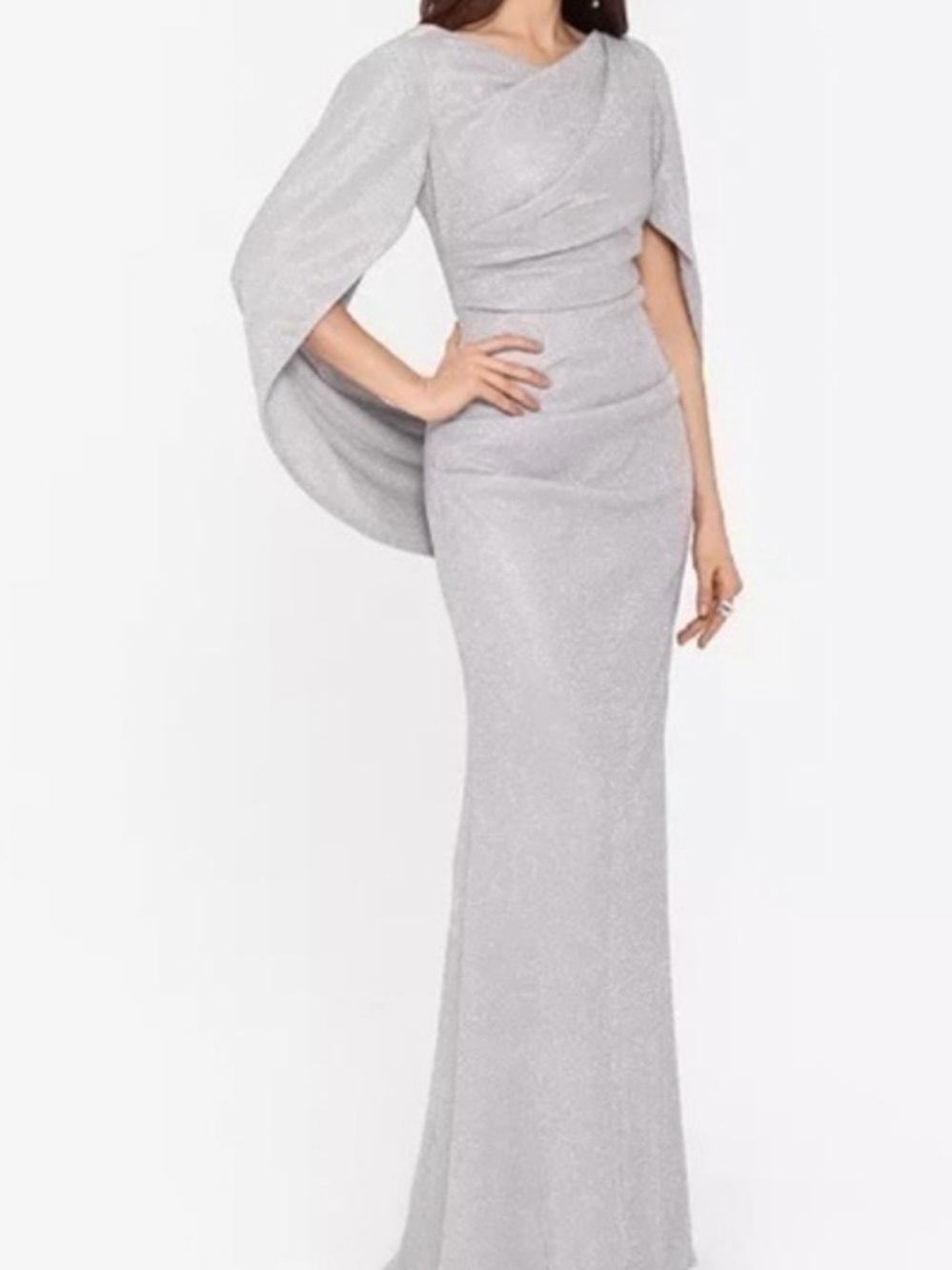 Betsy & Adam Silver Sparkle Draped Cowl-Back Evening Dress